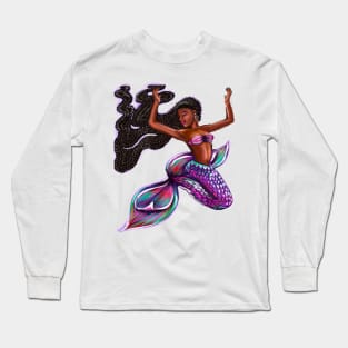 mermaid with flowing braids 2, brown eyes curly Afro hair and caramel brown skin. Black mermaid Long Sleeve T-Shirt